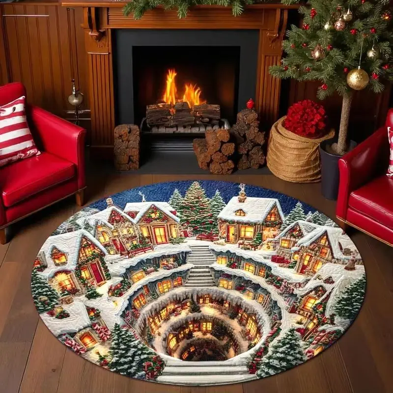 VIKAMA 3D Santa Claus Round Rug Christmas Spiral Staircase Library Pattern Non Slip Circular Carpet Living Room Bedroom Floor