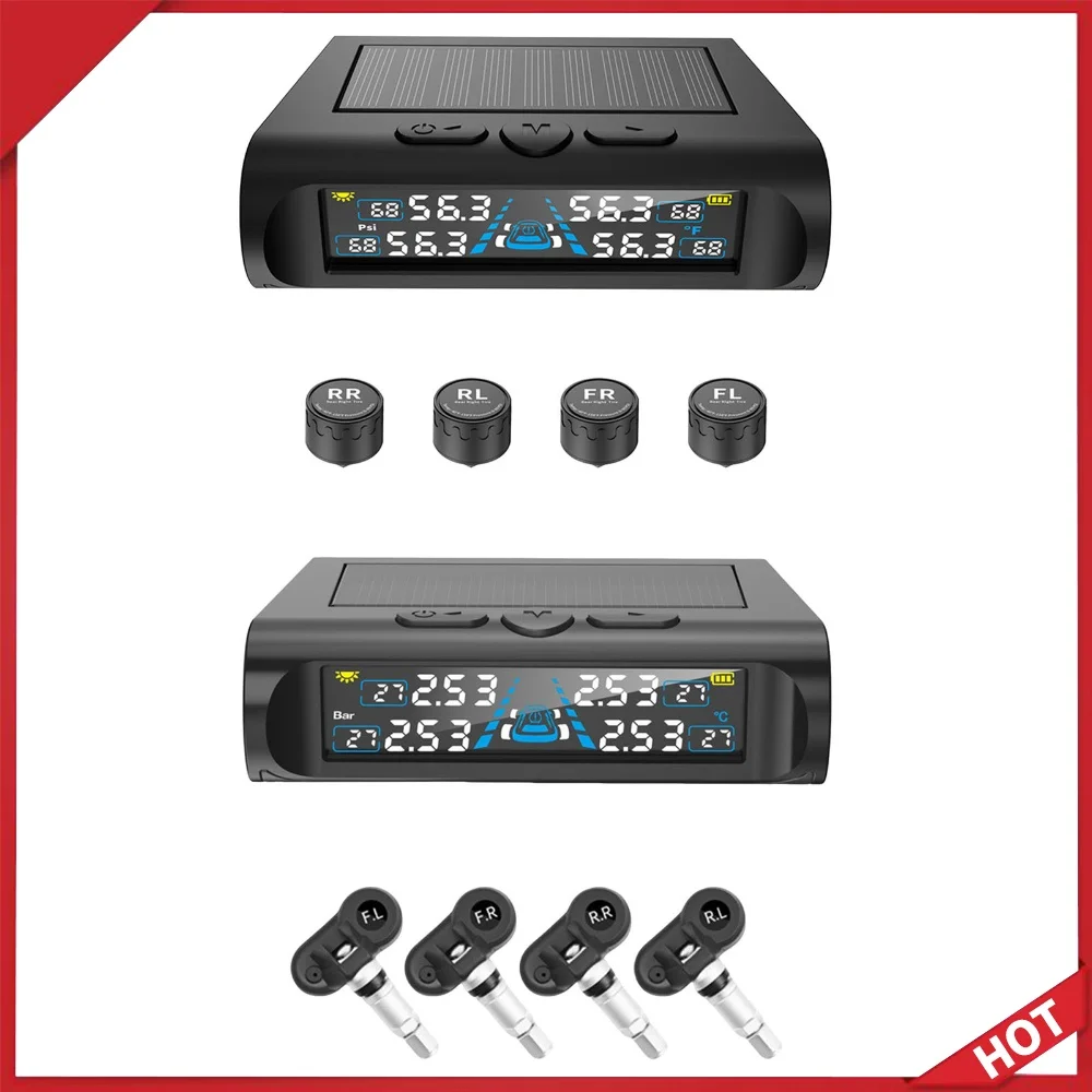 Real-Time Pressure Monitor with 4 Sensors TPMS System with Solar Charge and USB LCD Display for Cars SUVs Trailer & Light Trucks