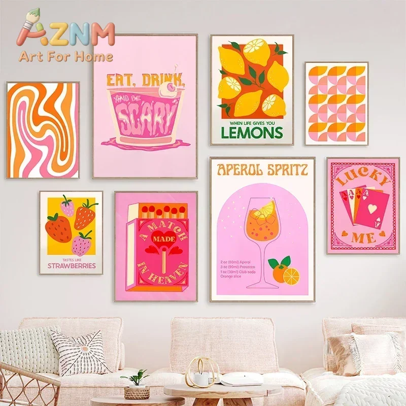Affiches de cocktails sur le thème de la fraise rose et du citron, peinture sur toile rétro, décoration murale pour salon, couloir, cuisine, bar.