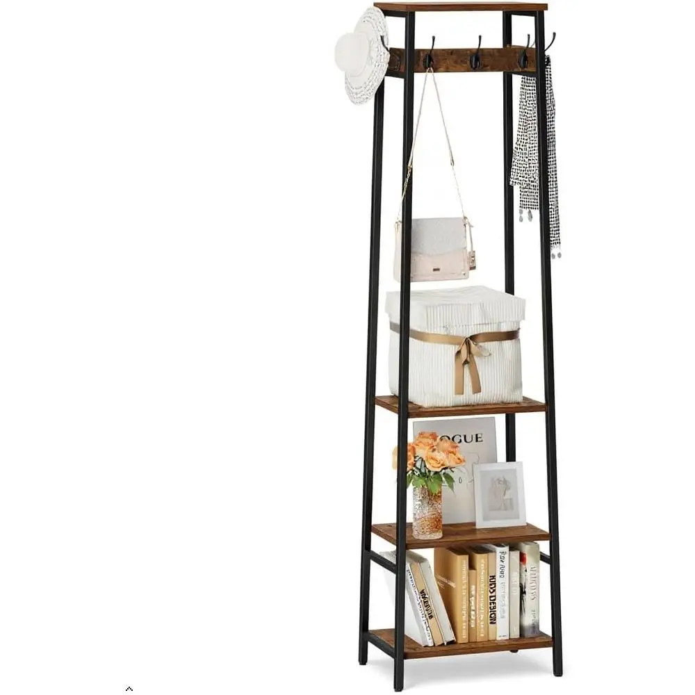 Industrial Style Rustic Brown & Black 3-Shelf 7-Hook Coat Rack Stand Organizer
