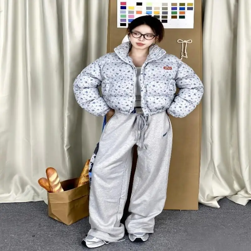 

Women Winter Cotton Jacket Floral Print Stand Collar Short Loose Thick Keep Warm Shorty Coat Women Casual Outwear