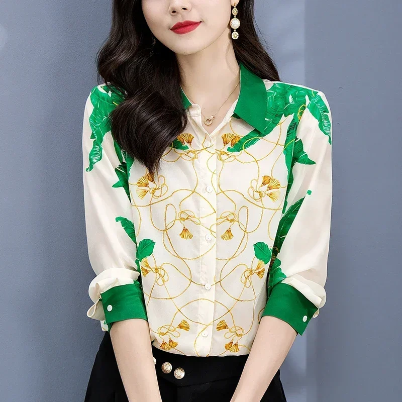 

Real Silk Women's Shirt Spring Summer Elegant Turn-down Collar Long Sleeve Shirts Fashion Blouses Print Woman Casual Blouse