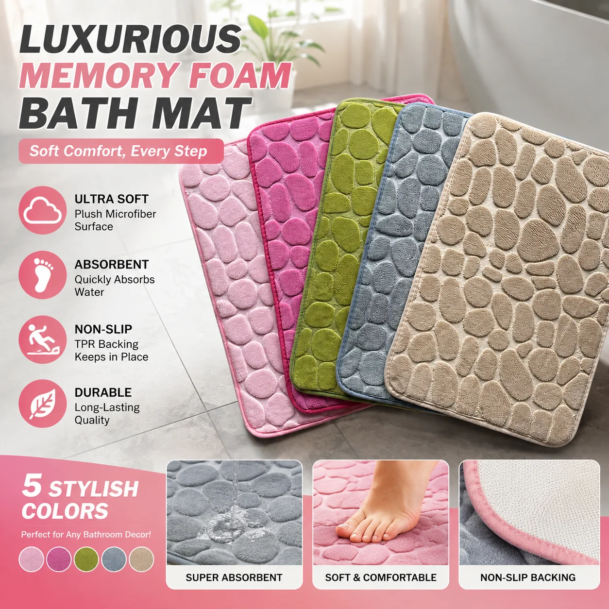 Cobblestone Embossed Bath Mat Non-slip Carpets Water Absorption Washable Bathtub Floor Rug Shower Doormat Bathroom Decor