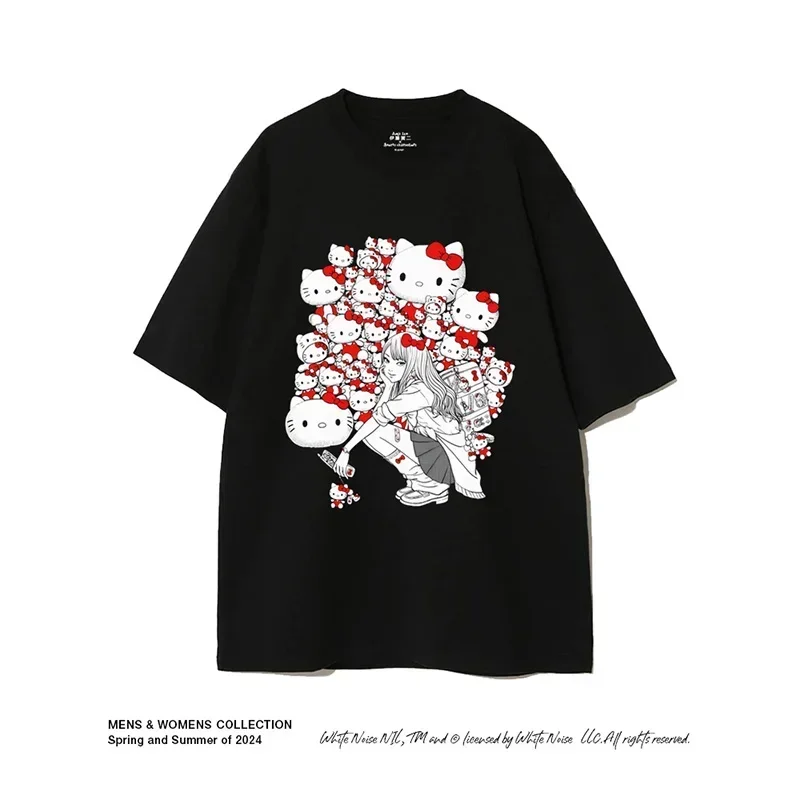 Camisetas de Hello Kitty Linkage Junji Ito, camisetas de manga corta de Anime de algodón puro para hombres y mujeres, nuevas camisetas 2024