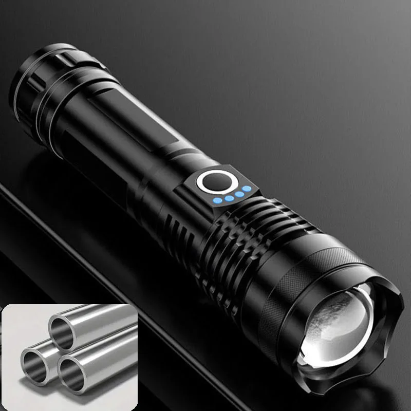 Hochleistungs-LED-Taschenlampe, superhelle wiederaufladbare USB-Taschenlampe aus Aluminiumlegierung mit 26650-Akku, zoombares Blitzlicht für die Jagd – Detail 1