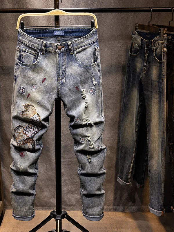 

Men's Slim Fit Jeans Embroidered Hole Middle Waist hine Stitched Casual Wear Youth Jeans Spring Autumn Faion Brand