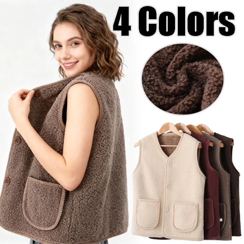

Жилет из меха ягненка, женская зимняя верхняя одежда, короткая свободная плюшевая одежда в корейском стиле, повседневная модная майка, жилет с круглым вырезом