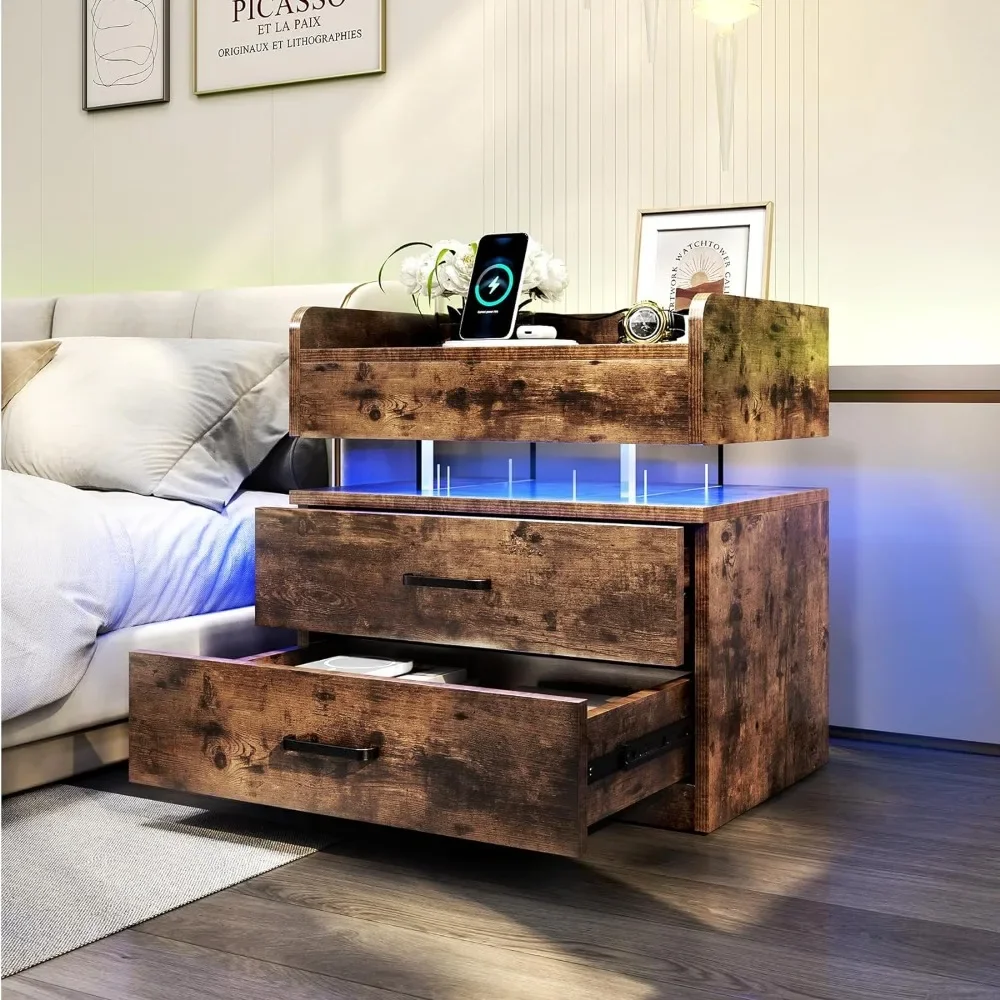 

LED Nightstand with Voice-Activated Mode, Acrylic Float Nightstand with Charging Station, Side Table End Table with 2 Drawers