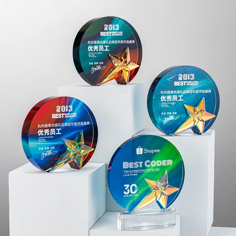 Lvshen Custom Engraved Round Optic Crystal Trophy on A Base Memorial Custom Trophy Gifts Personalized Employee Crystakl Award