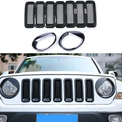 9Pcs Front Grille Grill Mesh Grille Insert Kit + Style Headlight Lamp Cover Trim For Jeep Patriot 2011-2016