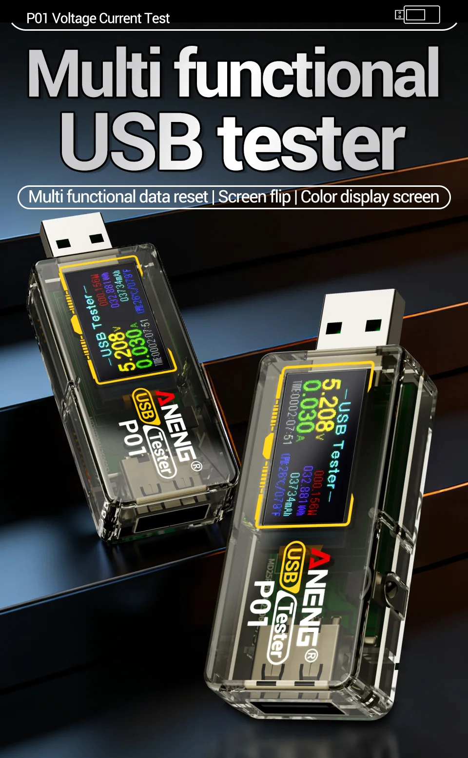 ANENG P01 USB-Tester, Voltmeter, Amperemeter, Typ-C-Schnellladungsdetektor, Kapazitäts- und Rippelmessgerät – Detail 1