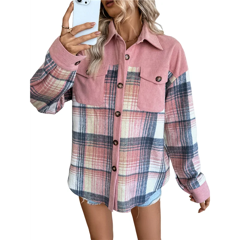 

ASDS-женские вельветовые рубашки с цветными блоками, блузки-бойфренды на пуговицах с длинными рукавами, топы