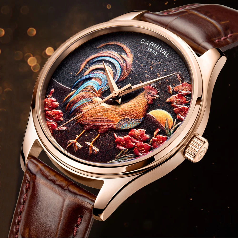 

CARNIVAL Fashion 3D Rooster Pattern Unique Design Men Sapphire Watches MIYOTA Automatic Mechanical Watch Leather Strap New