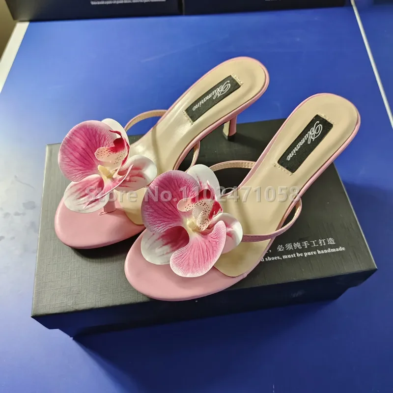 Pink Orchid Flowers Decor Women Slippers Summer Outside High Heels Shoes Round Toe Thin Heels Ladies Slingback Slip-On Flipflops