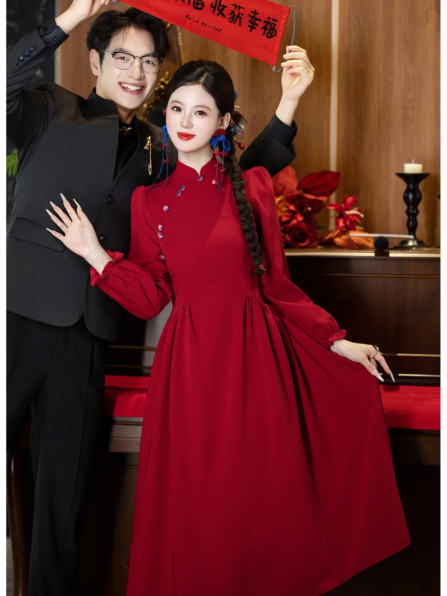 

New Chinese Sle Engagement Dr Long Sve Red Wedding Guest Dr Autumn Winter Casual Wear Women's Gown