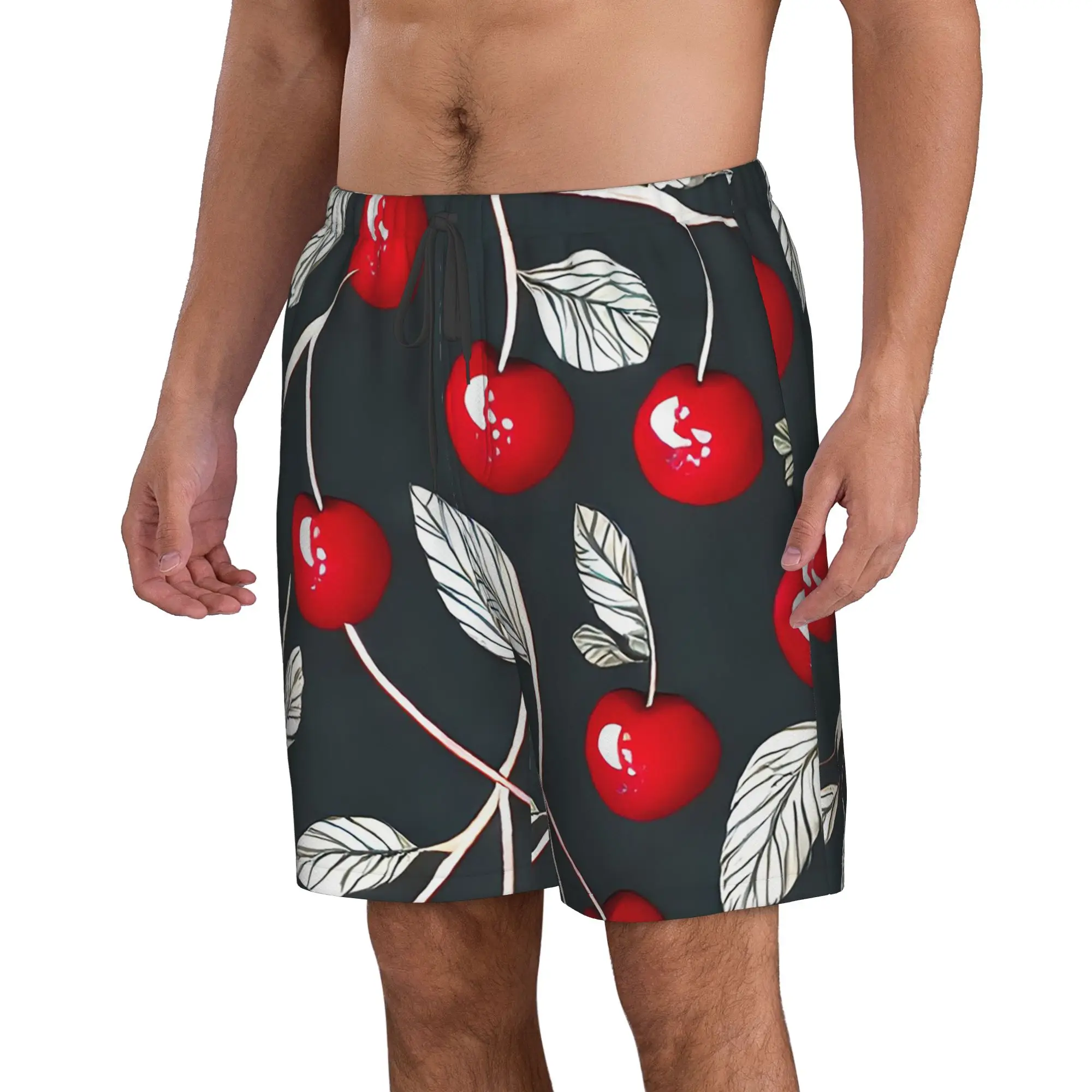 Fresh Red Cherry Pattern In Dark Trunks Beach Board Shorts Casual Quick Dry Swimming Summer Men Pants