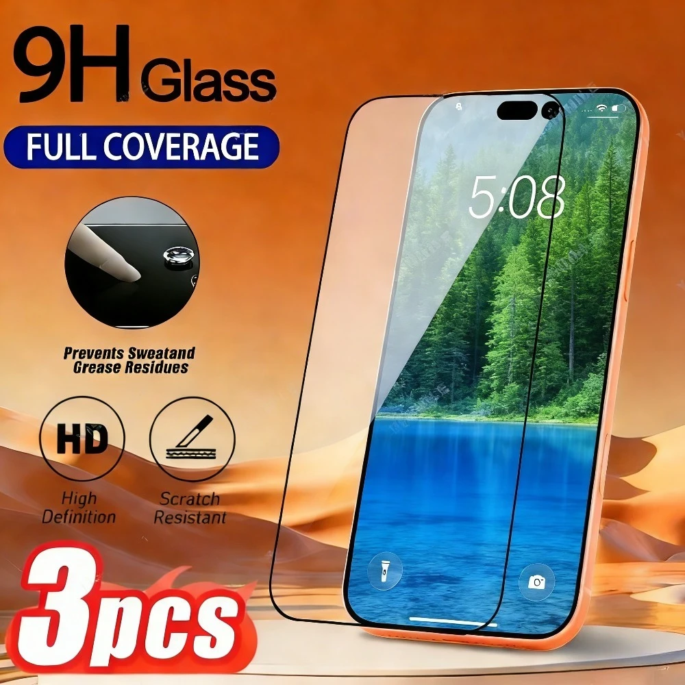 

Комплект из 3 защитных стекол Full Cover для iPhone 17, 16, 15, 14 Pro Max, 15, 14 Plus, 17e, 16e, Air, 13, 12, 11 Pro – Защита экрана от царапин