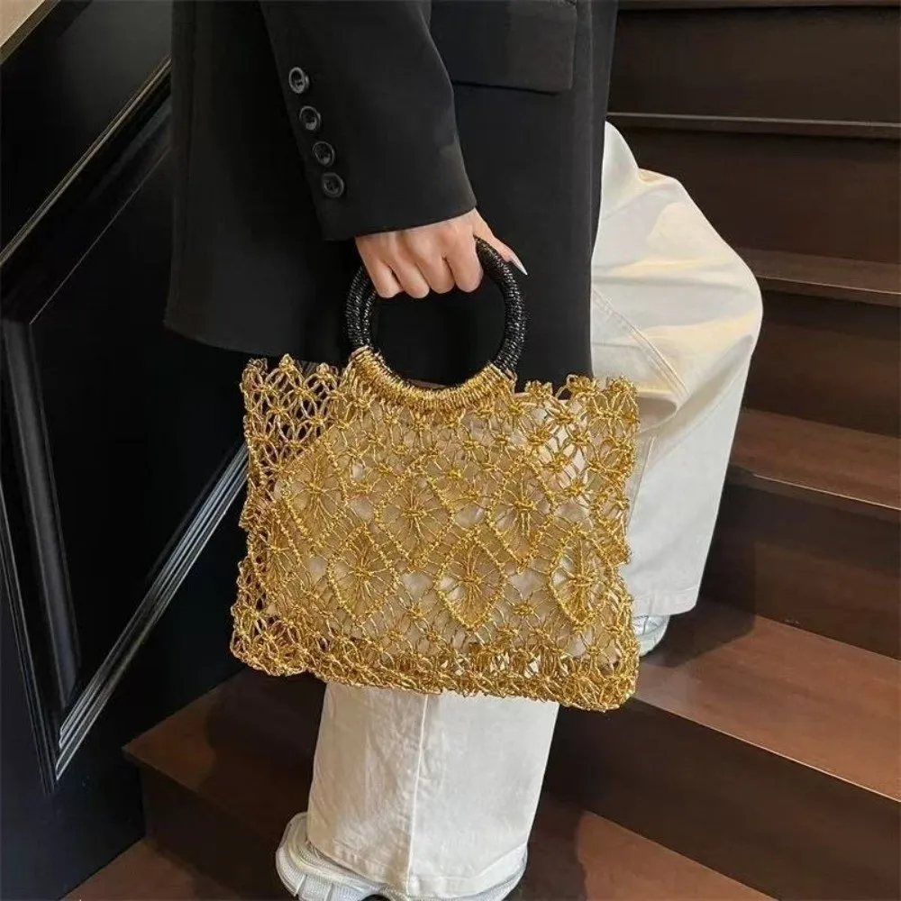 

Luxury Handmade Round Handle Handbags Woven Design Hollow-out Tote Bag Beach Bag Outdoor