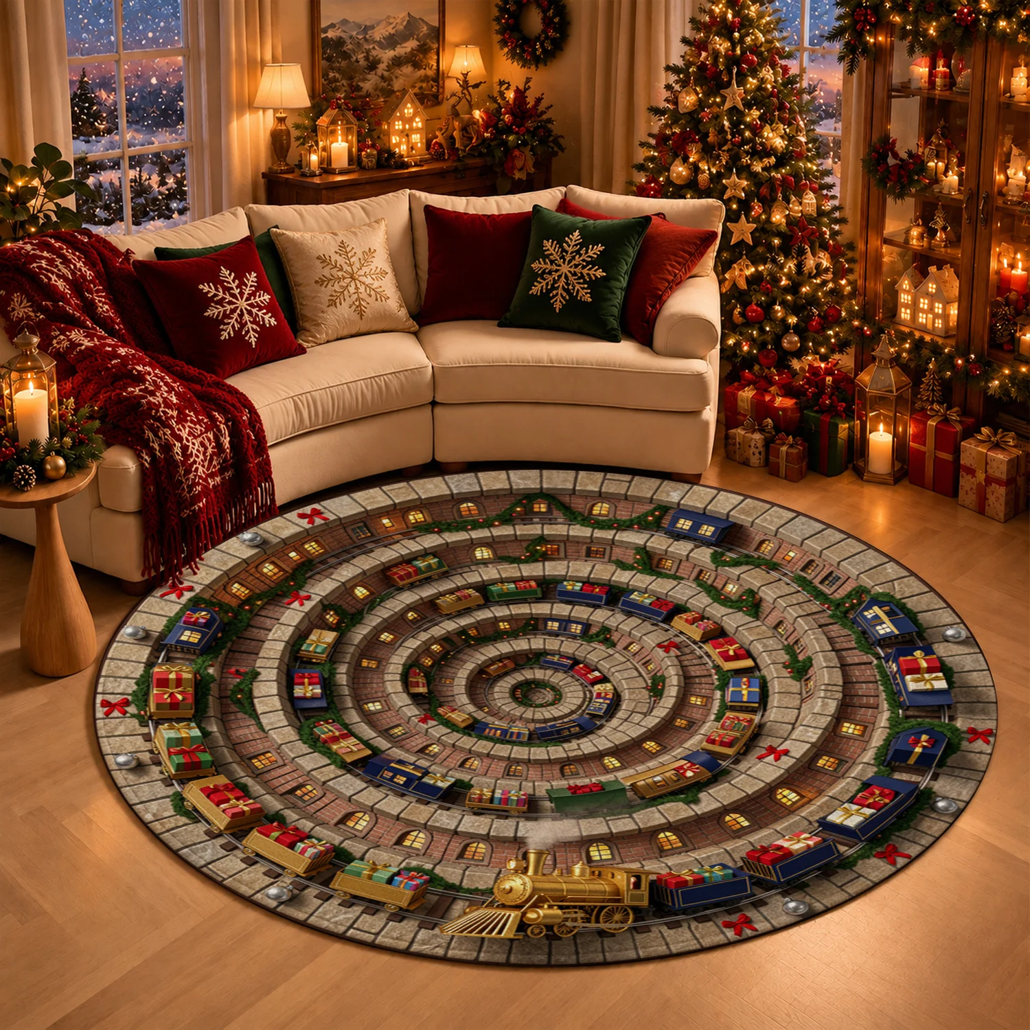 Spiral Christmas Train Village Design Velvet Decorative Item Machine Washable Living Room Table Office Entryway Halloween Thanksgiving Black Friday Christmas New Year