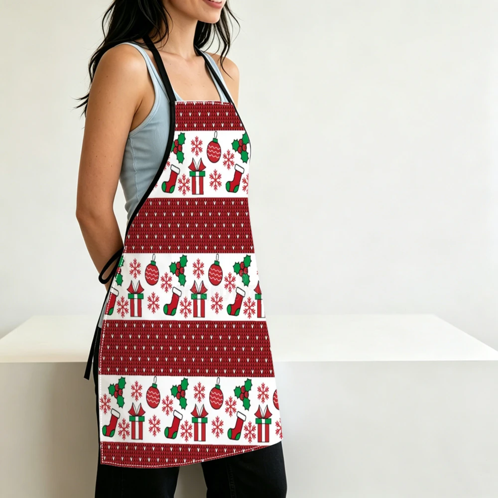 Festive Christmas Style Apron Red White Holiday Ornament Stocking Print Kitchen Aprons Cooking Baking Party Wear Adjustable Bibs