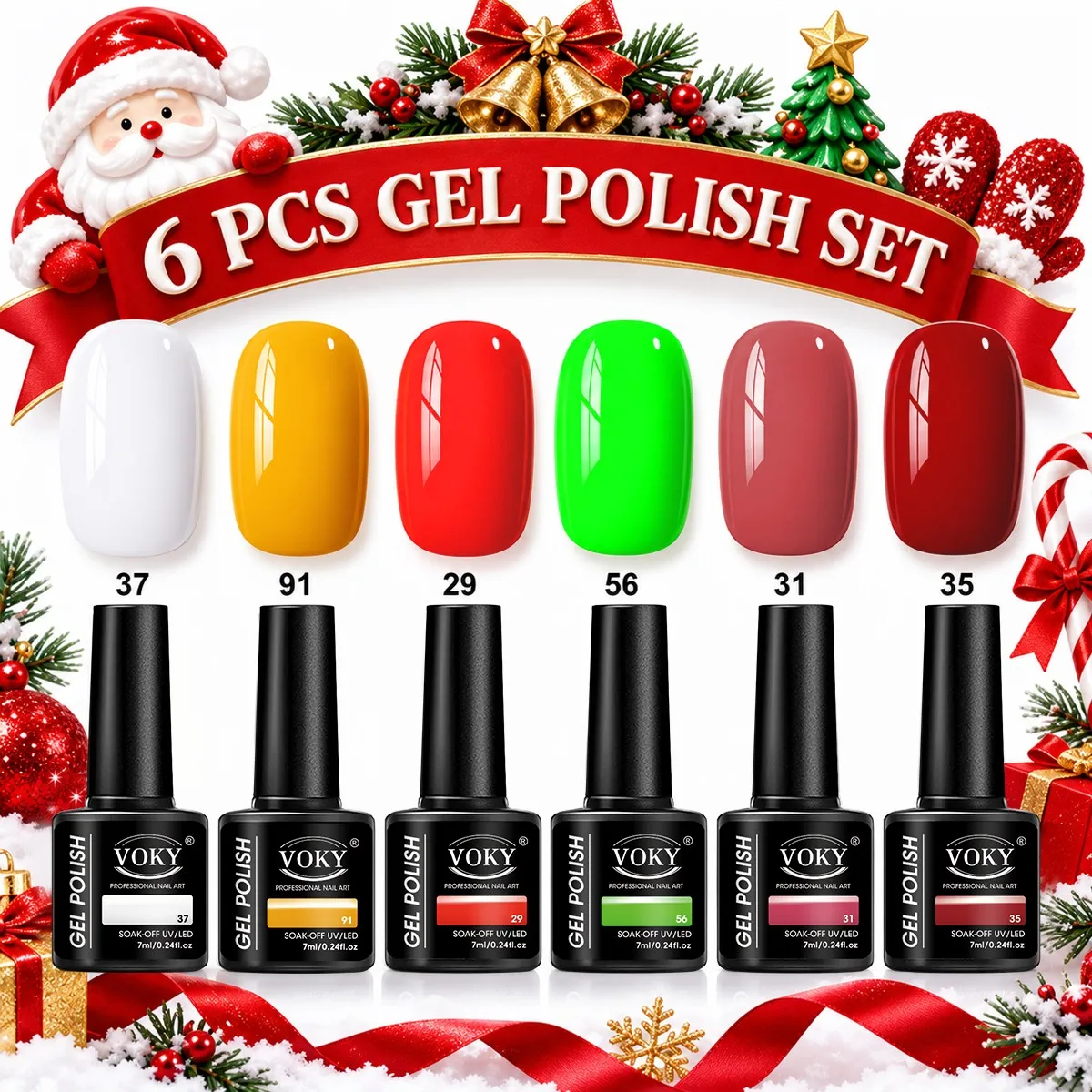 Christmas 6-Color Nail Polish Gel Set, Festive Colorful Macaron Shades, Milky White, Ginger Yellow, True Red, Fluorescent Green Bean Sand Red, Removable Uv Gel Polish 7ml*6 Bottles, Rich Color, DIY Nail Art at Home, Eye-Catching and Elegant Nail Set for Christmas Parties