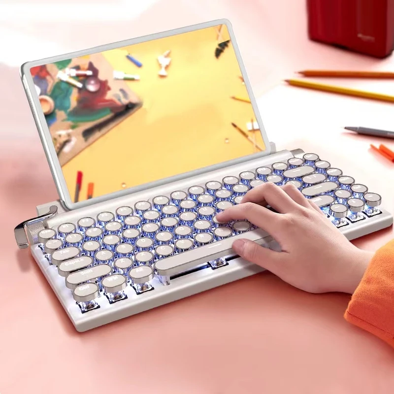 Retro Typemachine Bluetooth-toetsenbord Zilver Wit Stoom Punk Dot Groene schakelaars Witte achtergrondverlichting Draadloos mechanisch toetsenbord