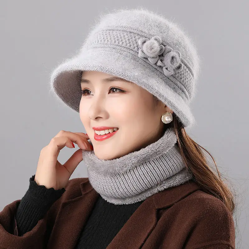 Warm Rabbit Fur Hat Middle-aged and Elderly Mom Cap Autumn and Winter Ladies Scarf Two Sets of Old Lady Winter Pot Hats