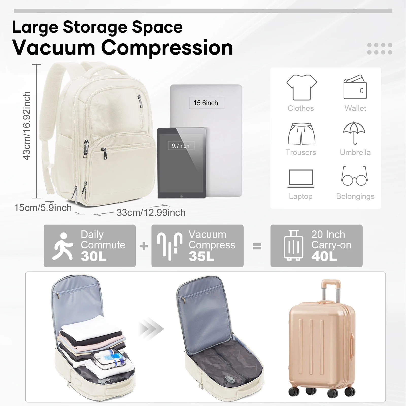 حقيبة ظهر محمولة معتمدة من الطيران، حقيبة ظهر مضغوطة مفرغة للنساء والرجال، حقيبة تخزين مفرغة لتوفير المساحة، حقيبة ظهر جامعية #4