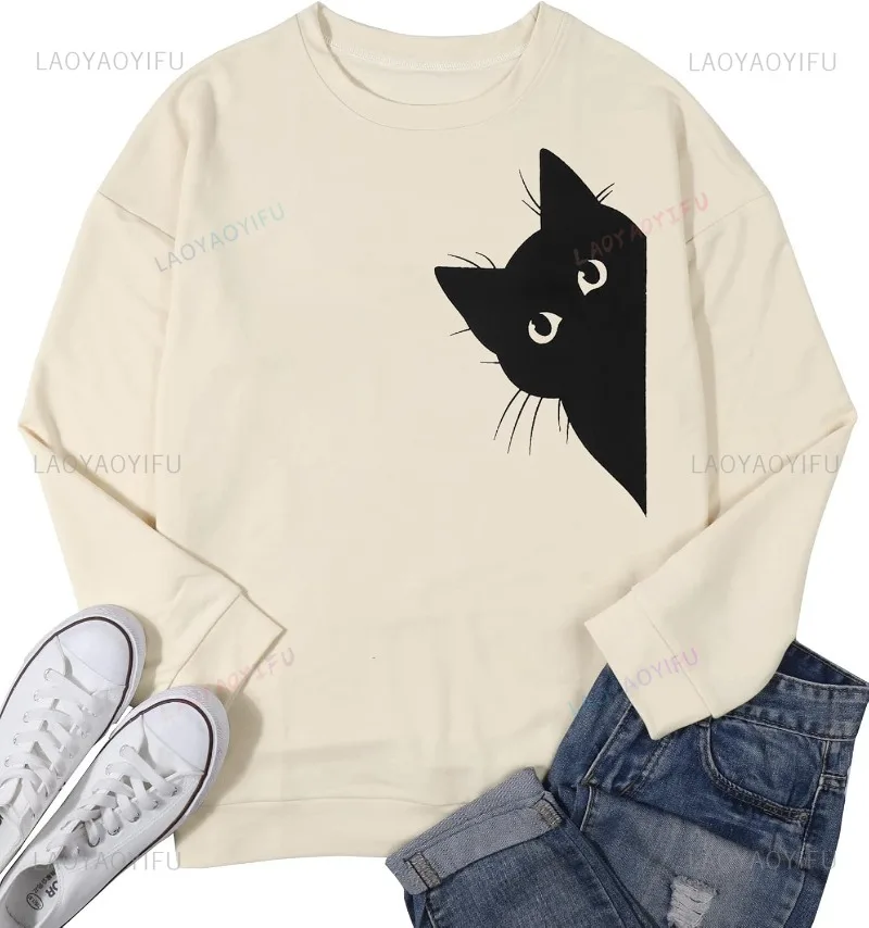 

Cat Sweatshirt Women Funny Black Cat Graphic Sweater Hoodies Women Pullover Sport Shirt Women Clothing Humor Style Clothes