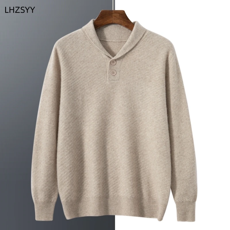 LHZSYY 100%Pure Cashmere Sweater Men\'s Lapel Long Sleeve Pullovers Young Loose Button Tops High-End Business Casual Knit Shirt