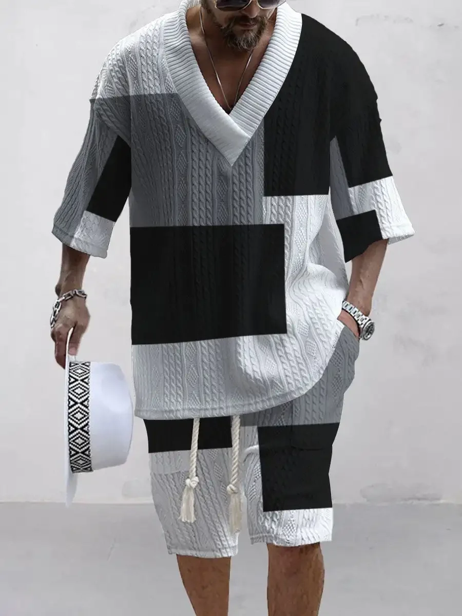 Pop  Summer New Men's Set Casual Fashion 3D Plaid Men's Clothing Loose Plus Size V-neck T-shirt Shorts 2-piece Set Free Ship