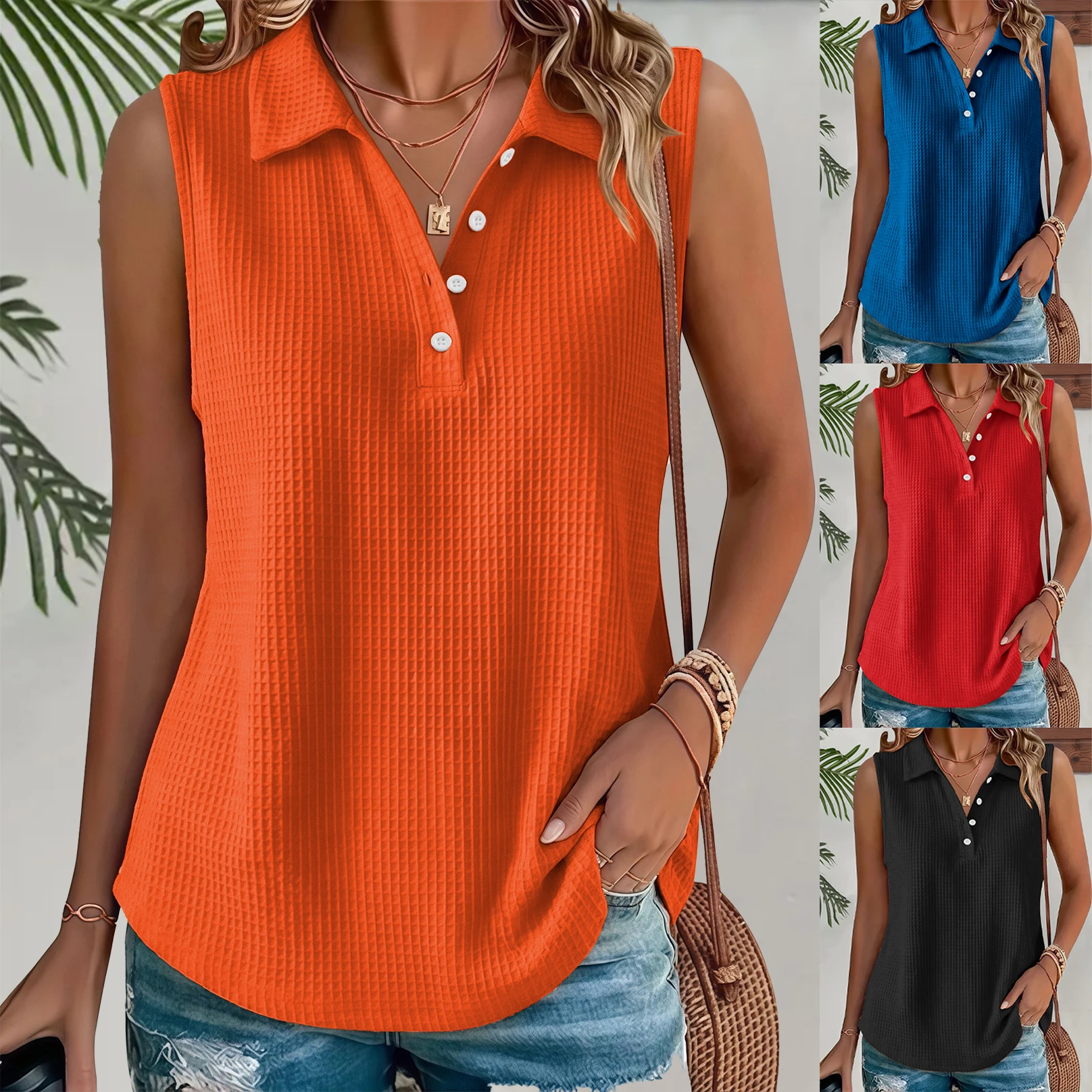 

Summer Casual Solid Waffle Knit Button Front Pullover Plus Size Women's Tank Top