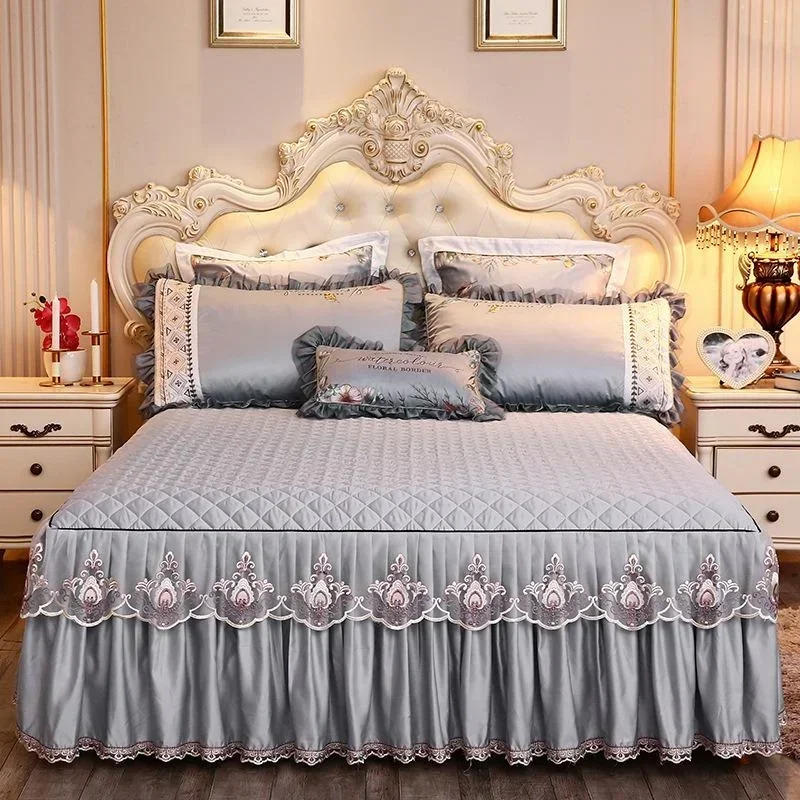 3 pièces/ensemble literie princesse solide jupe de lit à volants taies d'oreiller draps de lit en dentelle housse de matelas King Queen housse de lit double taille complète