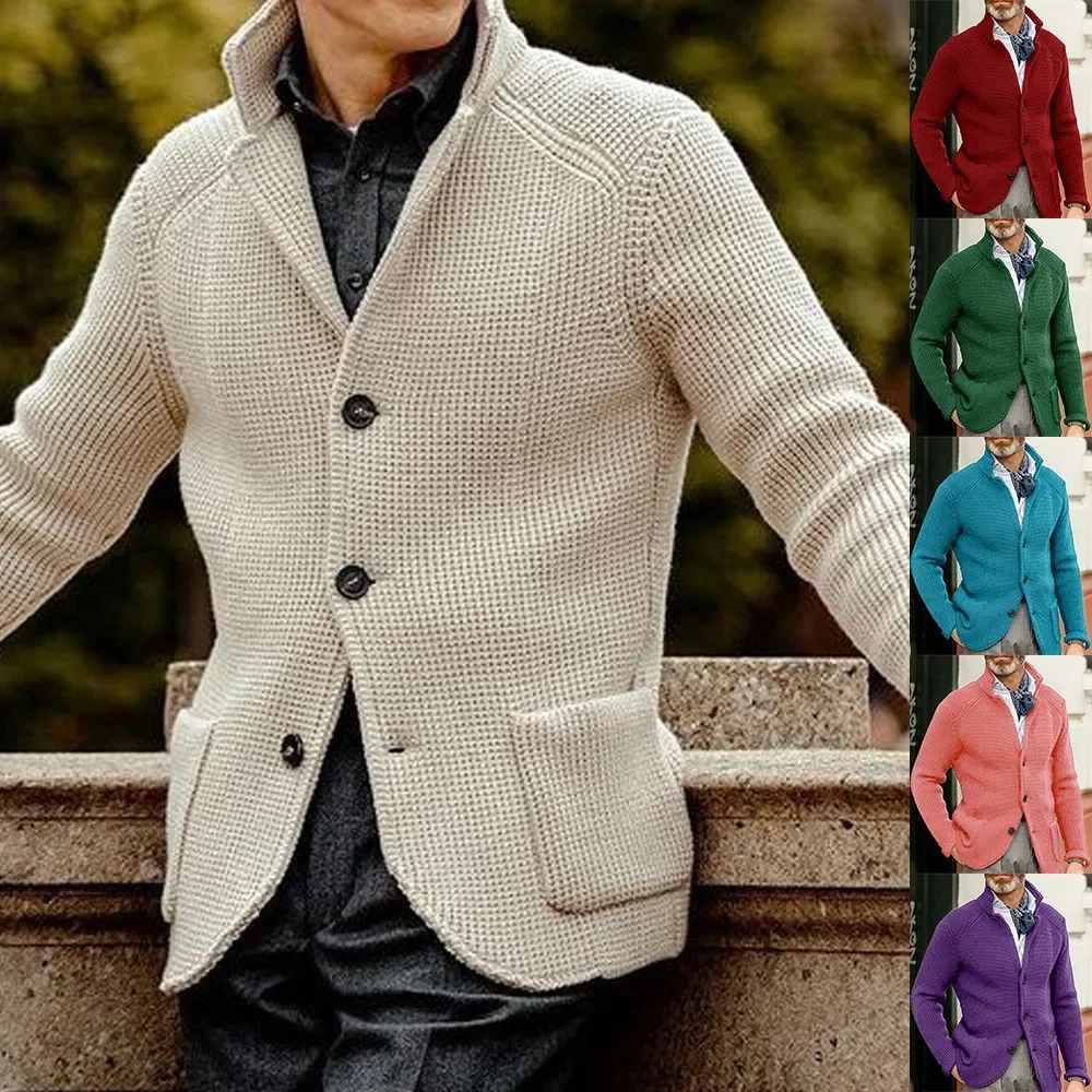 Autumn Coat Long Sleeve Pockets Casual Single Breasted Trend Sweater Coats Men Stand Collar Knitted Cardigan Sweaters Outwear