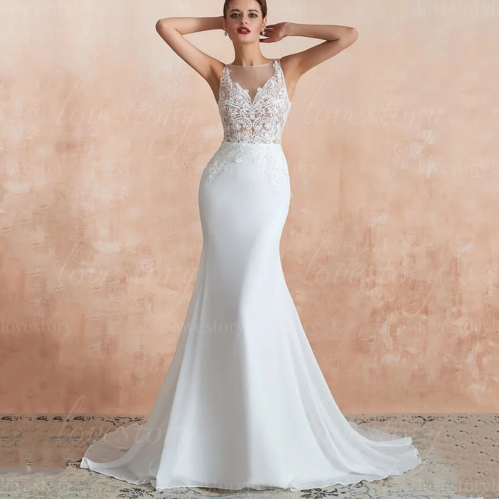 

Customized Wedding Dresses Lace Boho Mermaid Bridal Gowns Tank Bride Dress Illusion Vestidos De Noiva