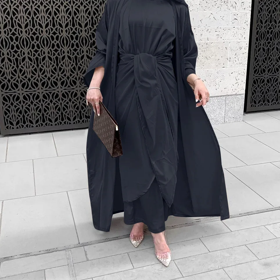 3 Piece Open Abaya Matching Muslim Kimono Set Plain Satin Abayas for Women Dubai Hijab Dress Islam Outfits Wrap Front Long Skirt