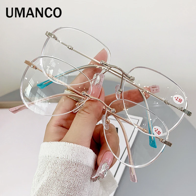 Trendy Oversized Rimless Myopia Glasses for Women Men Anti Blue Light Finished Nearsighted Prescription Glasses -1.0-1.5-2.0-2.5