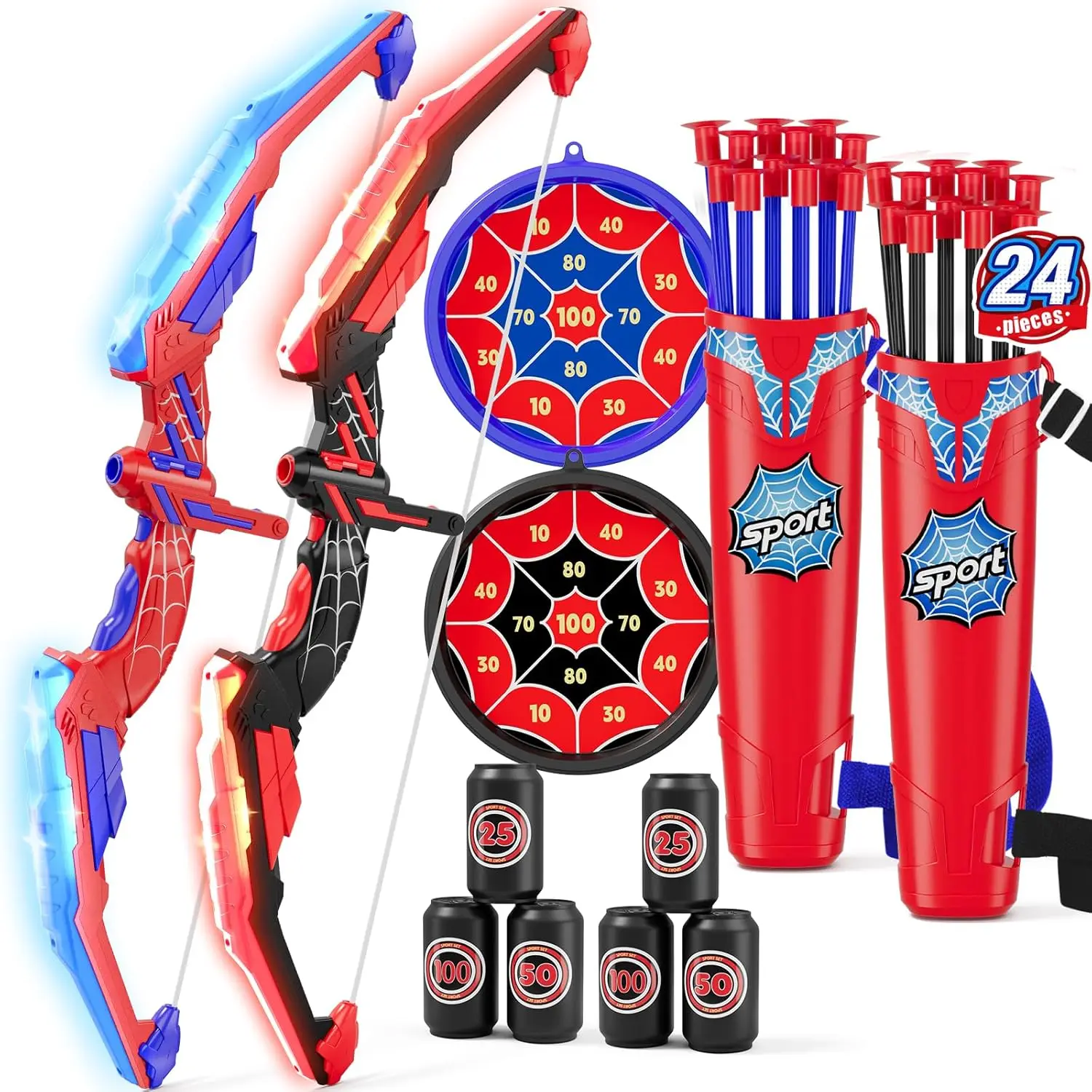 

2PCS Bow and Arrow for Kids, LED Light Up Archery Set with 24 Suction Cup Arrows, 2 Hanging Target, 6 Score Targets & 2 Quiver