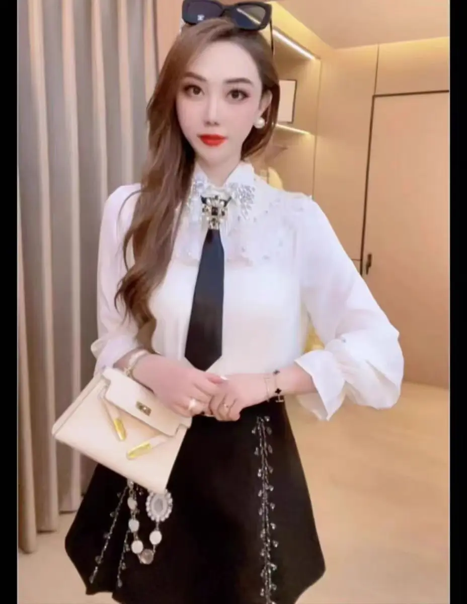 New In 2024 Autumn Diamond-Embedded With Tie White Shirt For Women Preppy Style Blouse Top Korean Popular Clothes