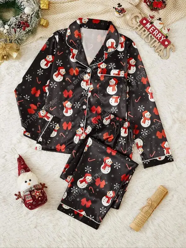Zweiteiliges Set für Damen mit Allover-Print, Knopfleiste und Vordertasche und Hose mit elastischem Bund, Satin-Pyjama, lässig, bequem, langärmelig