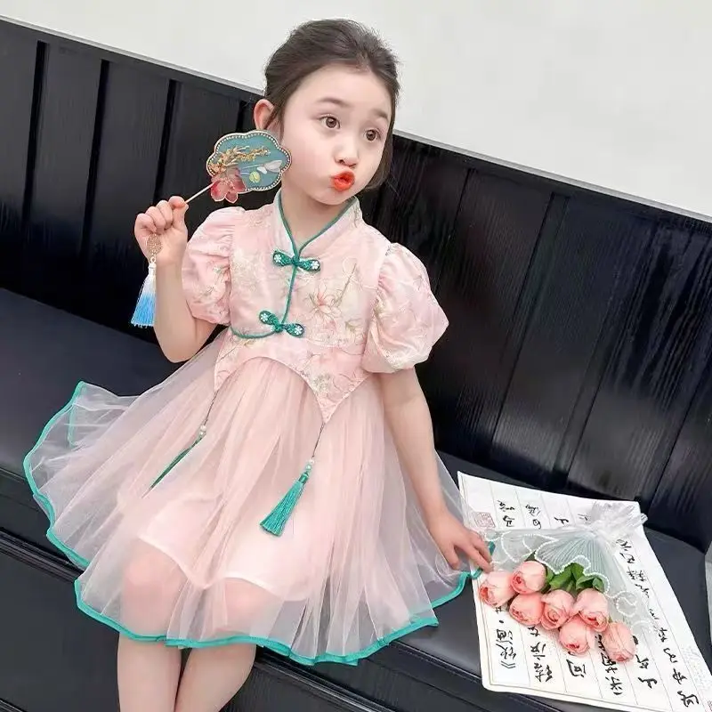 الفتيات Hanfu الصيف النمط الصيني فستان الأطفال شيونغسام 2025 موضة جديدة فستان الأميرة طفل فستان صيفي قصير الأكمام