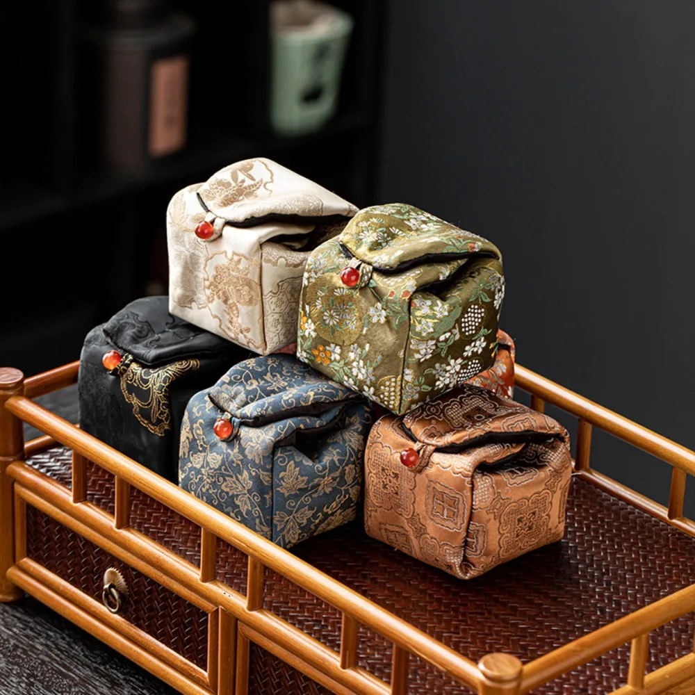 Retro Brocade Tea Bag Chinese Style Brocade Fabric Tea Cup Storage Bag Entangled Lotus Pattern Portable Tea Pot Bag Camping