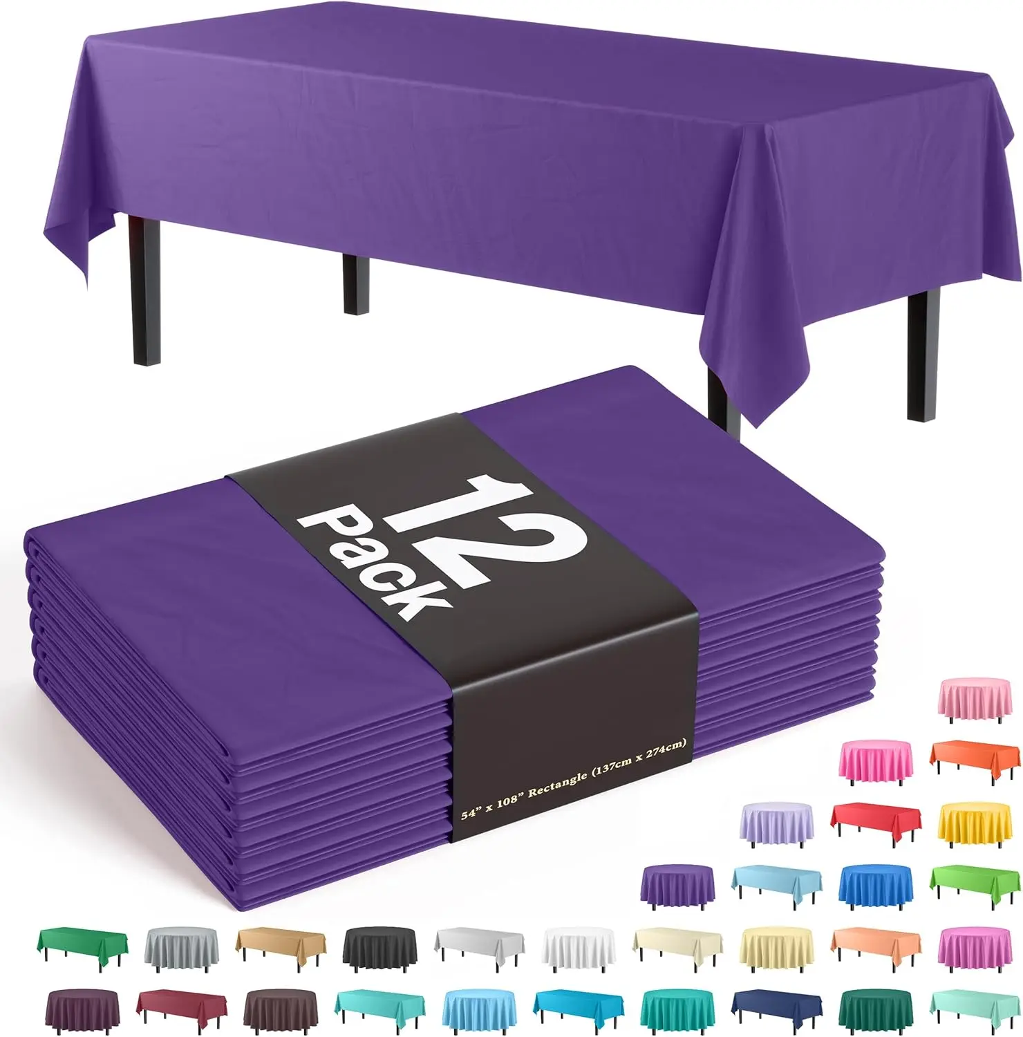 

12-Pack Premium Plastic Tablecloth Pack of 12 Premium Plastic Tablecloth 54 Inch x 108 Inch Rectangle Table Cover - Purp