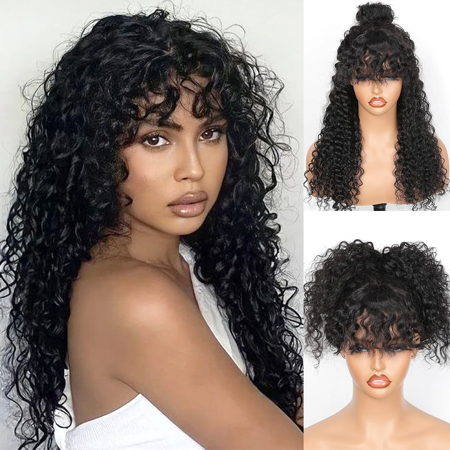 

Water Wave Human Hair With Bangs Wig 100% Human Hair Brazilian Remy Hair Machine Made Natural for Women Curly Wig 180% Density