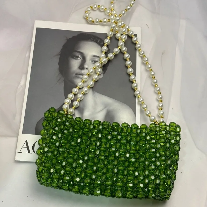 Borsa a tracolla da donna con perle intrecciate a mano Vintage Versatile Summer Green Ladies Crystal Bags borse personalizzate per le donne