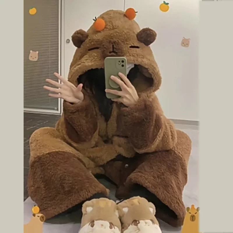 Cute Capybara Winter Pajama Cartoon Animal Soft Plush Jumpsuit For Adults Kawaii Velvet Pajama Nightwear Cosplay Suit Girls Gift