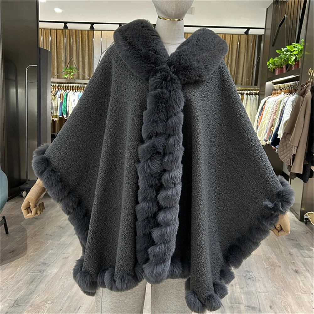 Sample Women Turn-Down Neck Winter Overcoat Thick Warm Velvet Poncho Cloak Big Pendulum Loose String Faux Rabbit Fur Cappa