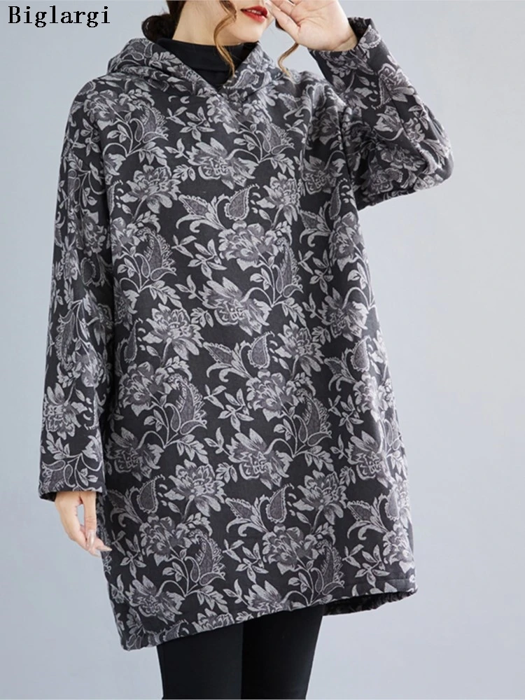 特大秋冬ぬいぐるみのような毛皮のフード付きスウェットシャツ女性花花柄モディスレディーススウェットシャツカジュアルルーズ女性スウェットシャツ