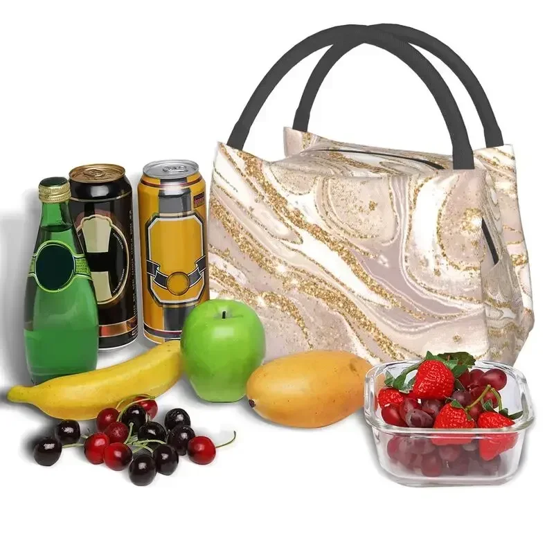 Borsa per il pranzo isolata termicamente con motivo in marmo color oro e crema Borsa per il pranzo portatile con stampa geometrica da donna