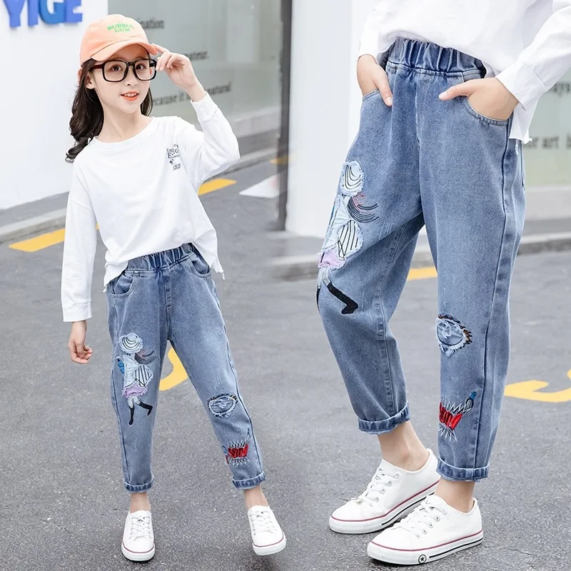 Jeans für Mädchen von 3-12 Jahren, bestickte modische lange Hosen für Kinder, Slim-Fit-Stil, Kinder-Denim-Stoffhosen